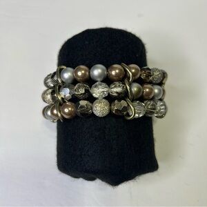 Multi-Color Jewel Tone Beaded 3 layered stretch Bracelet Gold, Brown, Silver